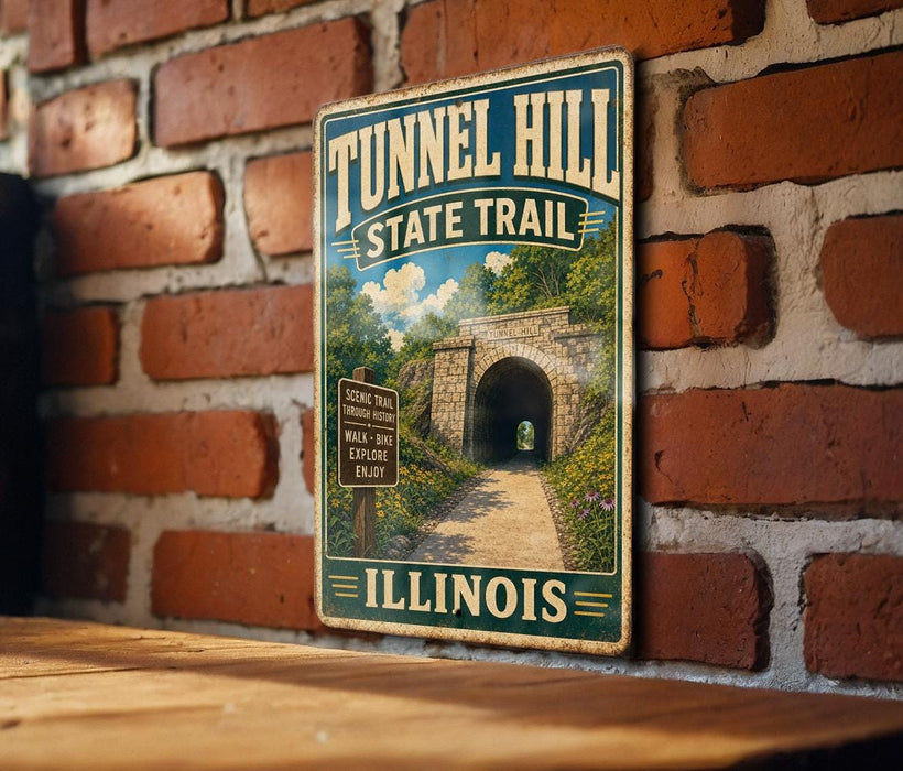 A vintage-style metal sign for Tunnel Hill State Trail in Illinois, featuring an illustration of a tunnel surrounded by greenery and a sign indicating the trail's scenic nature and various activities.