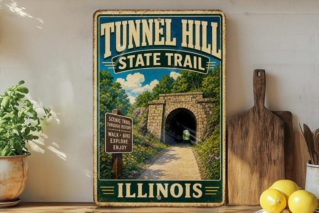 A vintage-style metal sign for Tunnel Hill State Trail in Illinois, featuring a scenic tunnel surrounded by lush greenery and a path leading through it.