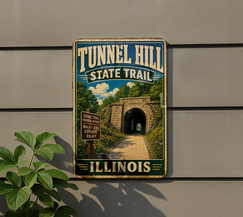 A metal sign for Tunnel Hill State Trail in Illinois, featuring a scenic image of a tunnel surrounded by greenery.