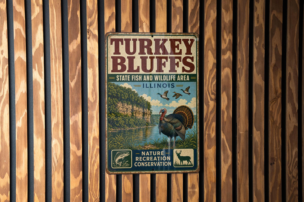 A vintage metal sign for the Turkey Bluffs State Fish and Wildlife Area in Illinois, featuring a turkey, ducks, and a scenic landscape.