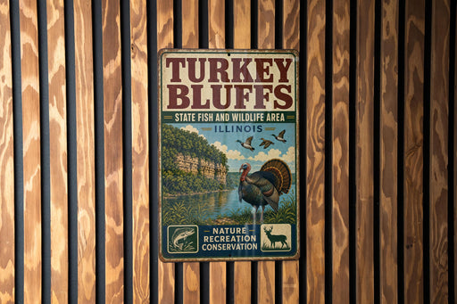 A vintage metal sign for the Turkey Bluffs State Fish and Wildlife Area in Illinois, featuring a turkey, ducks, and a scenic landscape.