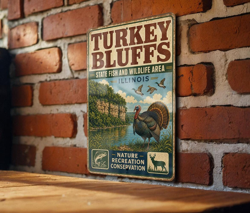 A vintage-style metal sign for the Turkey Bluffs State Fish and Wildlife Area in Illinois, featuring an illustration of a turkey and a scenic landscape.