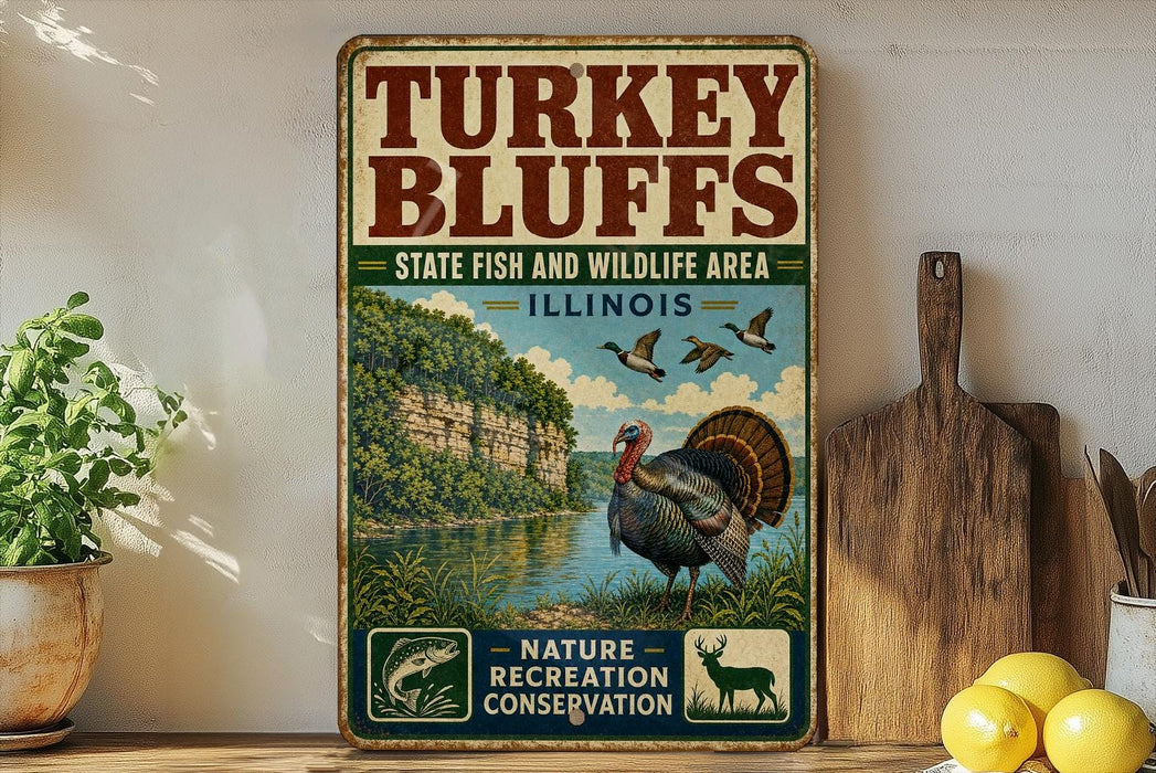 A vintage-style sign for the "Turkey Bluffs State Fish and Wildlife Area" in Illinois, featuring a turkey, ducks, and a scenic landscape.