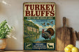 A vintage-style sign for the "Turkey Bluffs State Fish and Wildlife Area" in Illinois, featuring a turkey, ducks, and a scenic landscape.