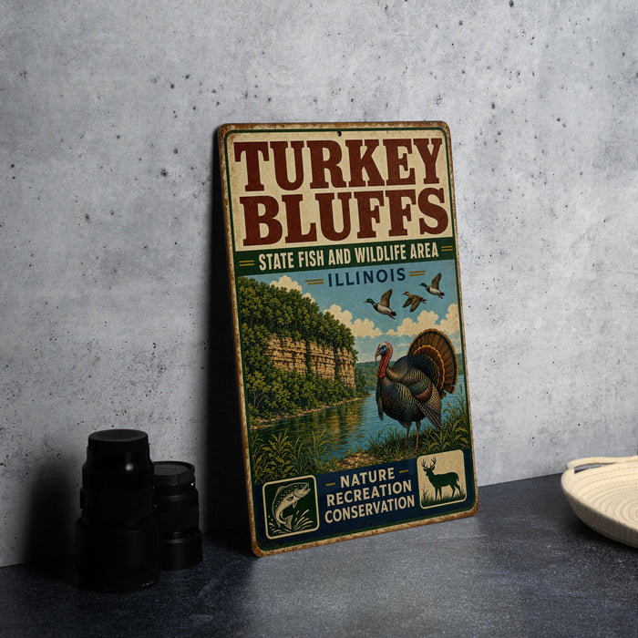 A vintage-style sign for the Turkey Bluffs State Fish and Wildlife Area in Illinois, featuring an illustration of a turkey, ducks, and a scenic landscape.