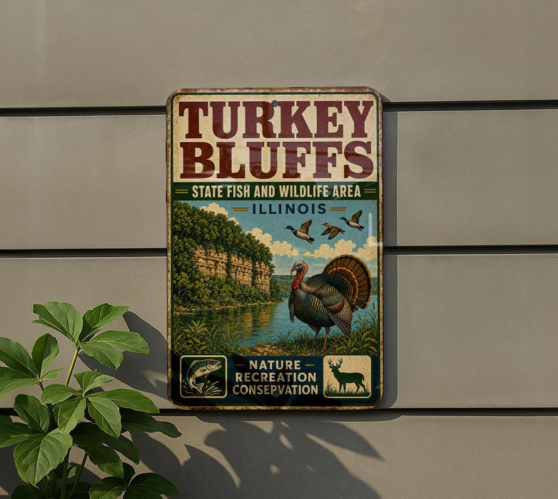 A vintage-style metal sign advertising turkey bluffs in Illinois, featuring a turkey, a river, and lush greenery.