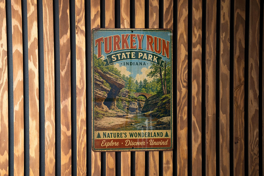A vintage-style metal sign for Turkey Run State Park in Indiana, featuring a scenic landscape with a waterfall and a bridge.