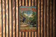 A vintage-style metal sign for Turkey Run State Park in Indiana, featuring a scenic landscape with a waterfall and a bridge.