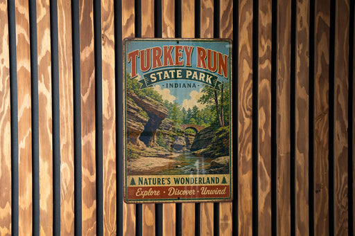 A vintage-style metal sign for Turkey Run State Park in Indiana, featuring a scenic landscape with a waterfall and a bridge.
