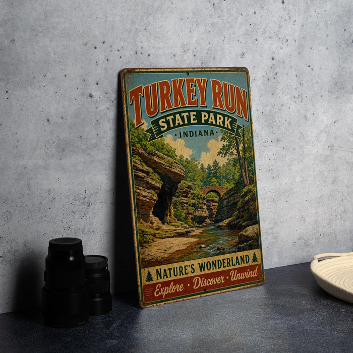 A vintage-style sign for Turkey Run State Park in Indiana, featuring a scenic landscape with a river and cliffs.