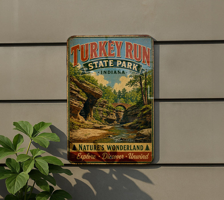 A vintage-style metal sign for Turkey Run State Park in Indiana, featuring a scenic landscape with a river and cliffs.
