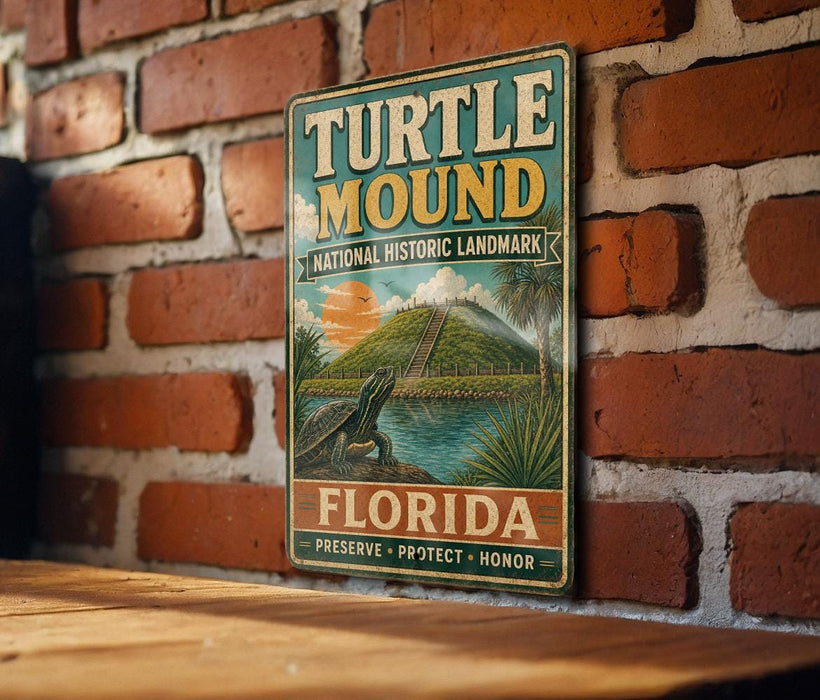 A vintage-style metal sign for the Turtle Mound National Historic Landmark in Florida, featuring an illustration of a turtle on a hill with a body of water in the background.