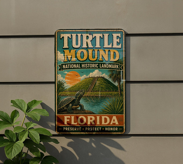 A vintage-style sign for Turtle Mound National Historic Landmark in Florida, featuring a turtle and a tropical landscape.