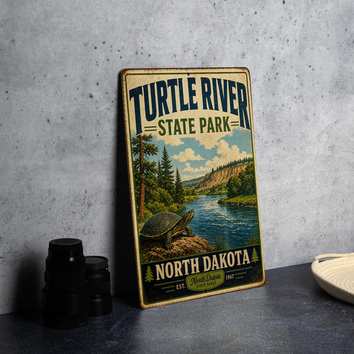 A vintage-style sign for Turtle River State Park in North Dakota, featuring a scenic illustration of a turtle in a river surrounded by pine trees and mountains.