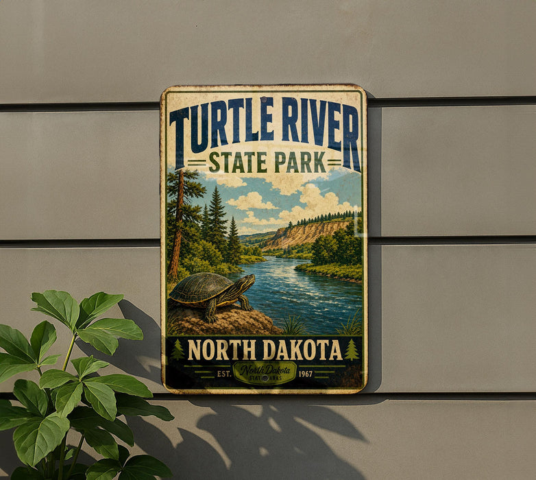 A vintage-style sign for Turtle River State Park in North Dakota, featuring a scenic illustration of a turtle in a river surrounded by trees and mountains.