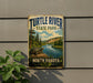 A vintage-style sign for Turtle River State Park in North Dakota, featuring a scenic illustration of a turtle in a river surrounded by trees and mountains.