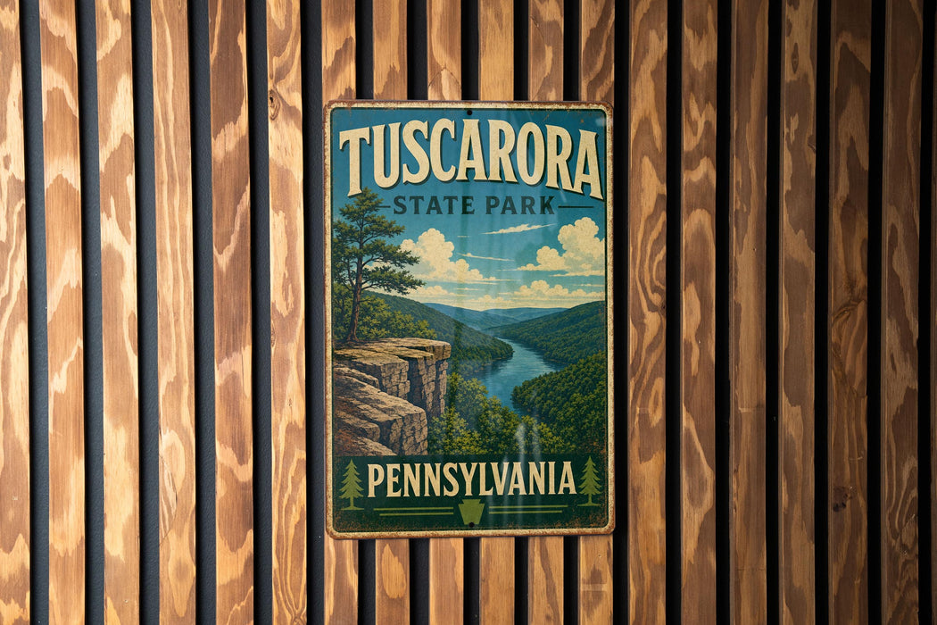 A vintage metal sign for Tuscarora State Park in Pennsylvania, featuring a scenic landscape with a river and mountains.