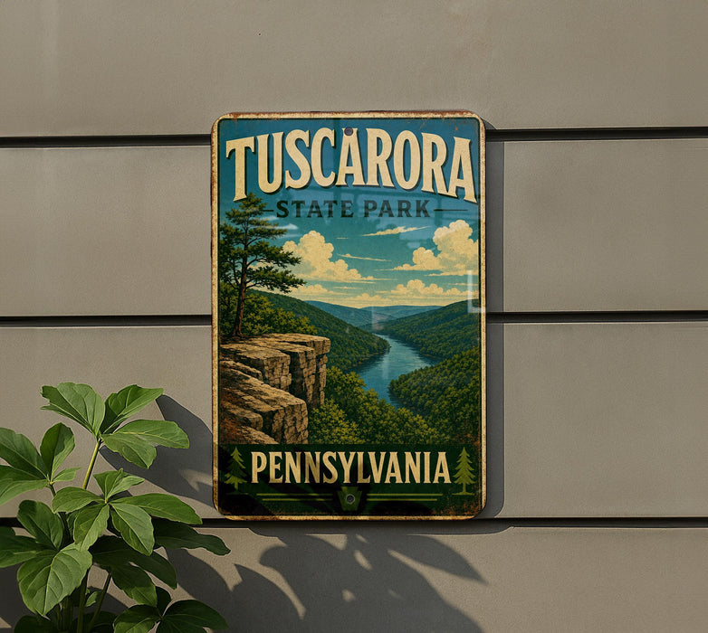 A vintage-style metal sign for Tuscarora State Park in Pennsylvania, featuring a scenic landscape with a river, mountains, and a cliff.
