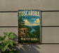 A vintage-style metal sign for Tuscarora State Park in Pennsylvania, featuring a scenic landscape with a river, mountains, and a cliff.