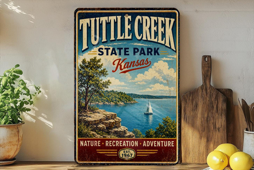 A vintage-style sign for Tuttle Creek State Park in Kansas, featuring a scenic landscape with a lake, mountains, and a sailboat.
