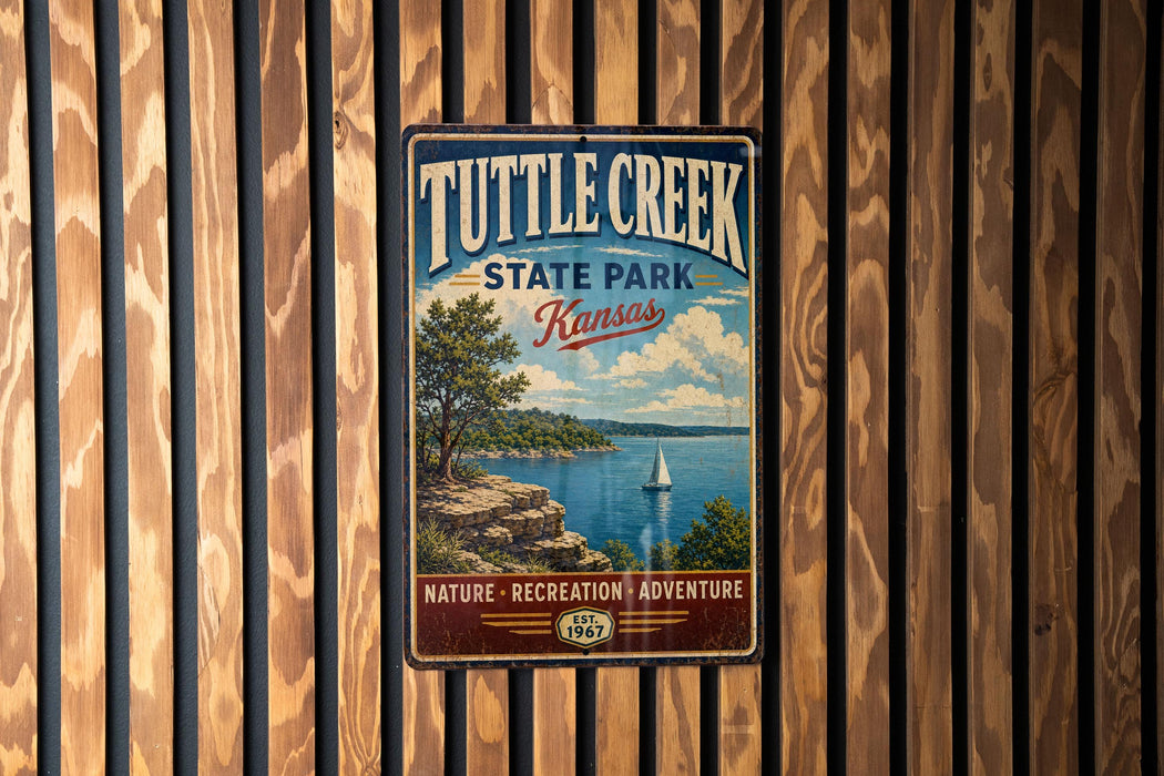 A vintage-style metal sign for Tuttle Creek State Park in Kansas, featuring a scenic landscape with a lake, trees, and a sailboat.