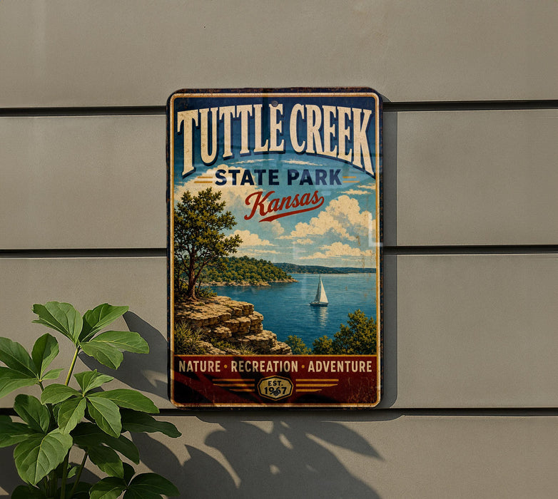 A vintage-style metal sign for Tuttle Creek State Park in Kansas, featuring a scenic landscape with a sailboat on the water.