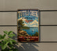 A vintage-style metal sign for Tuttle Creek State Park in Kansas, featuring a scenic landscape with a sailboat on the water.