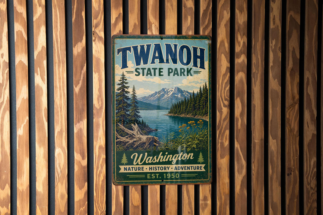 A vintage metal sign for Twanoh State Park, featuring a scenic landscape with mountains, trees, and a lake.
