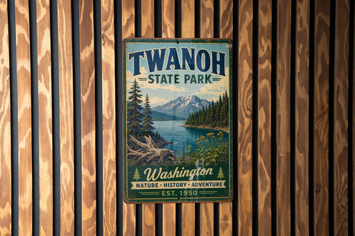 A vintage metal sign for Twanoh State Park, featuring a scenic landscape with mountains, trees, and a lake.