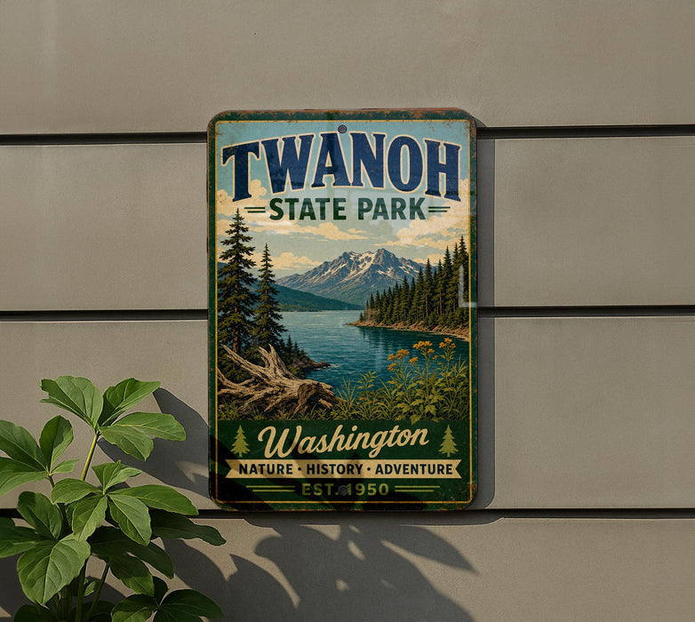 A vintage-style metal sign for Twanoh State Park, featuring a scenic landscape with mountains, pine trees, and a lake.