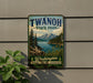 A vintage-style metal sign for Twanoh State Park, featuring a scenic landscape with mountains, pine trees, and a lake.