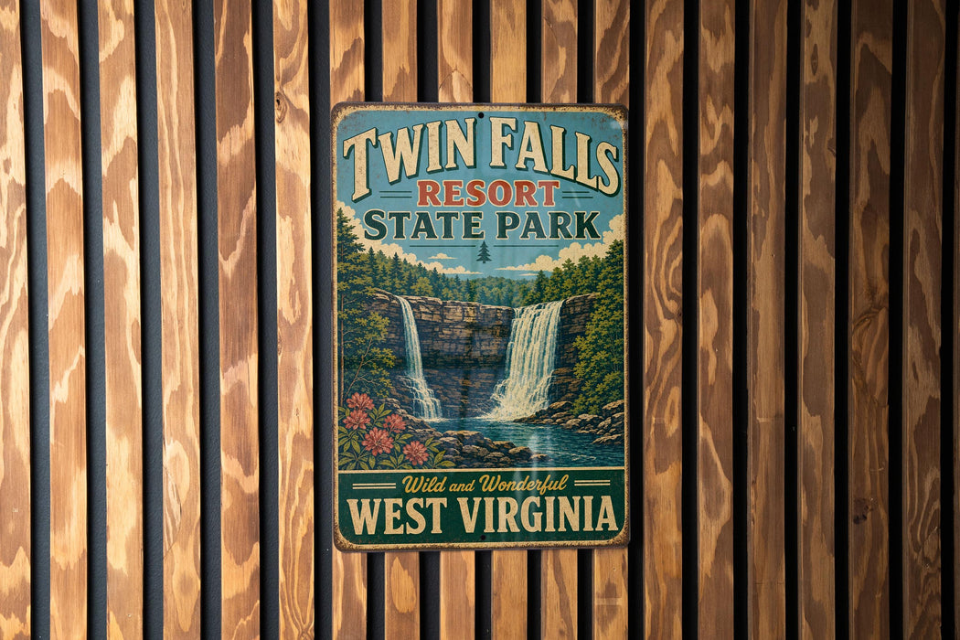 A vintage-style metal sign for Twin Falls Resort State Park in West Virginia, featuring a waterfall and forest scenery.
