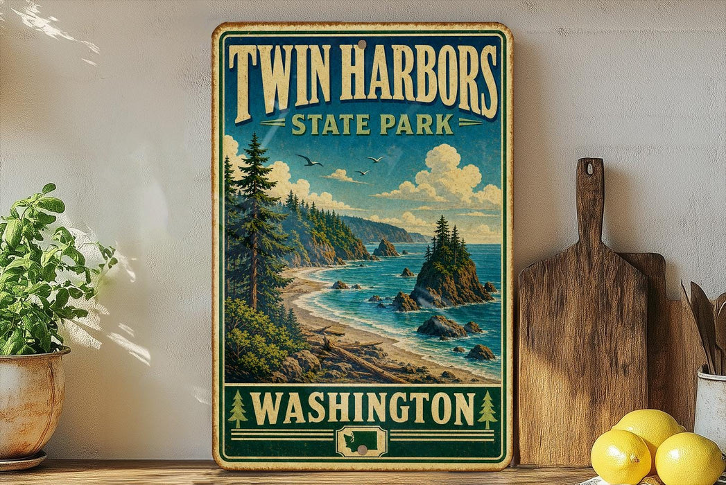 A vintage-style sign for Twin Harbors State Park in Washington, featuring a scenic coastal landscape with pine trees, rocky cliffs, and a beach.