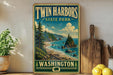 A vintage-style sign for Twin Harbors State Park in Washington, featuring a scenic coastal landscape with pine trees, rocky cliffs, and a beach.