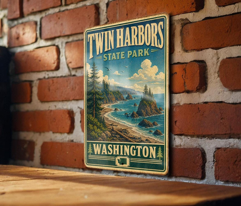 A vintage-style metal sign for Twin Harbors State Park in Washington, featuring a scenic landscape with a beach, mountains, and a body of water.