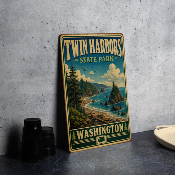 A vintage-style sign for Twin Harbors State Park in Washington, featuring a scenic landscape with a beach, mountains, and a body of water.