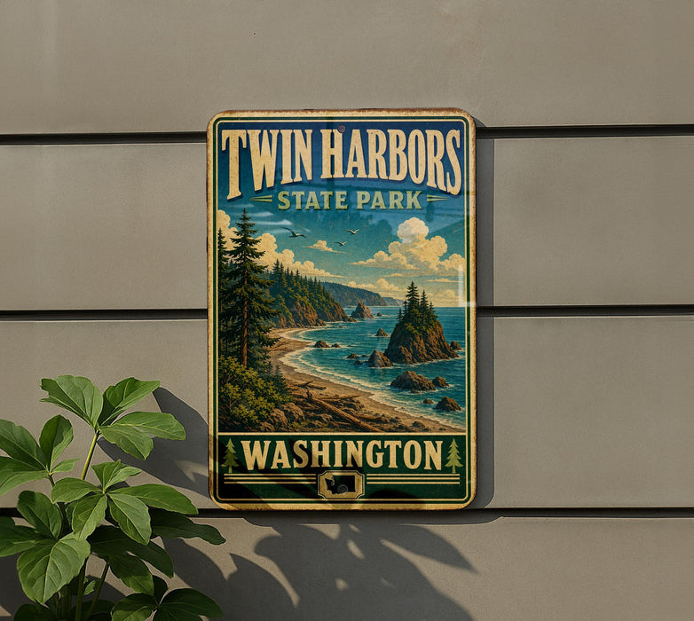 A vintage-style sign for Twin Harbors State Park in Washington, featuring a scenic landscape with a beach, mountains, and a river.