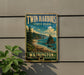 A vintage-style sign for Twin Harbors State Park in Washington, featuring a scenic landscape with a beach, mountains, and a river.