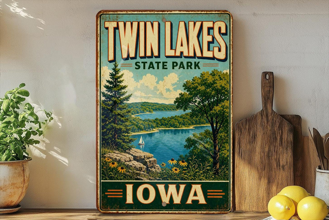 A vintage-style sign for Twin Lakes State Park in Iowa, featuring a scenic landscape with a lake, mountains, and a sailboat.