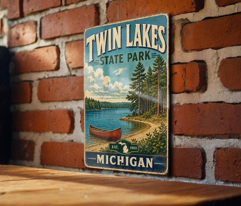 A vintage-style metal sign for Twin Lakes State Park in Michigan, featuring a scenic illustration of a lake, canoe, and surrounding forest.
