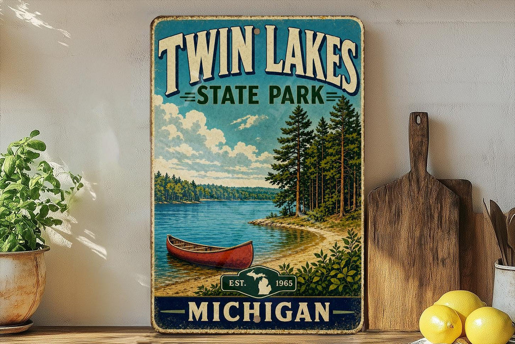 A vintage-style sign for Twin Lakes State Park in Michigan, featuring a scenic image of a lake, pine trees, and a red canoe.