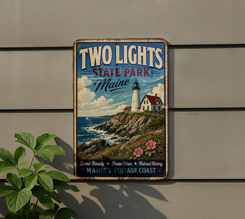 A vintage-style metal sign for "Two Lights State Park Maine" is displayed on a wall, featuring a lighthouse and a coastal landscape.
