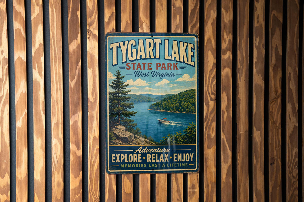 A vintage-style metal sign for Tygart Lake State Park in West Virginia, featuring a scenic image of the lake and surrounding landscape.