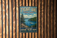 A vintage-style metal sign for Tygart Lake State Park in West Virginia, featuring a scenic image of the lake and surrounding landscape.