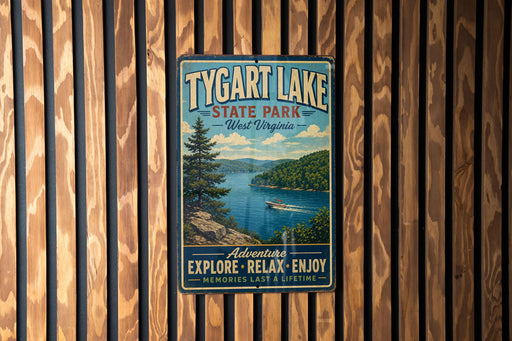 A vintage-style metal sign for Tygart Lake State Park in West Virginia, featuring a scenic image of the lake and surrounding landscape.