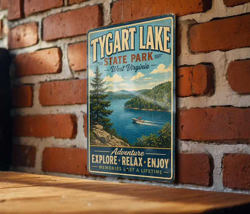 A vintage-style sign for Tygart Lake State Park in West Virginia, featuring a scenic image of a lake surrounded by mountains and a boat on the water.