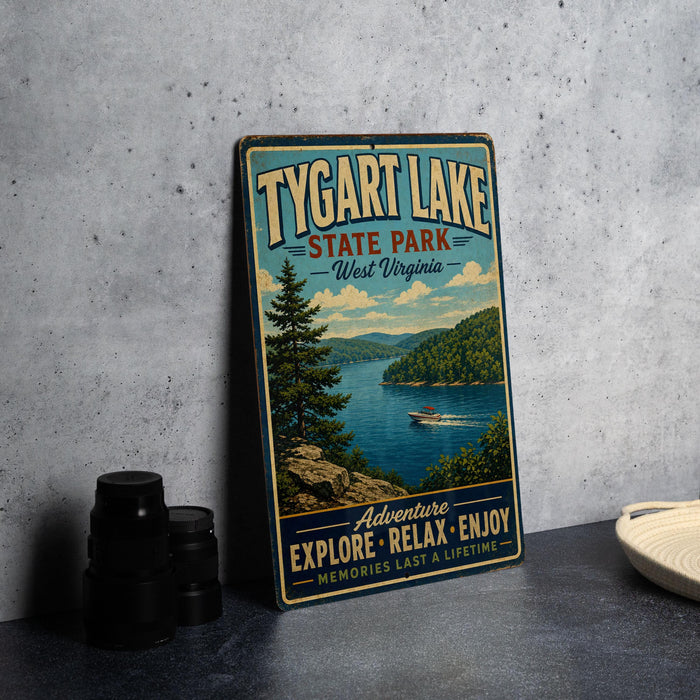 A vintage-style sign for Tygart Lake State Park in West Virginia, featuring a scenic image of the lake and surrounding landscape.