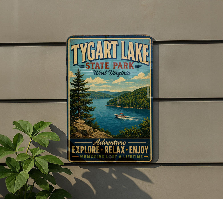 A vintage-style metal sign for Tygart Lake State Park in West Virginia, featuring a scenic image of the lake and surrounding landscape.