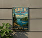 A vintage-style metal sign for Tygart Lake State Park in West Virginia, featuring a scenic image of the lake and surrounding landscape.