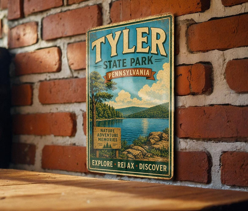A vintage-style metal sign for Tyler State Park in Pennsylvania, featuring a scenic landscape with a lake and mountains.